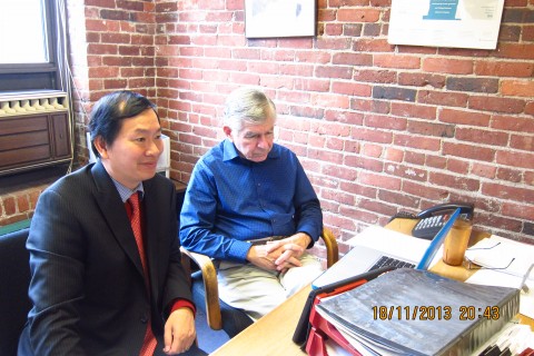 Tuan Nguyen (left) and Michael Dukakis (right) in the online conference
