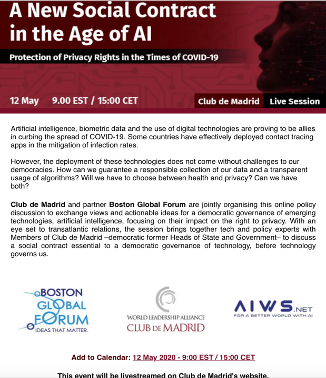 Club de Madrid and Boston Global Forum co-organize the AIWS Roundtable – A New Social Contract in the Age of AI: Protection of Privacy Rights in the Times of COVID-19