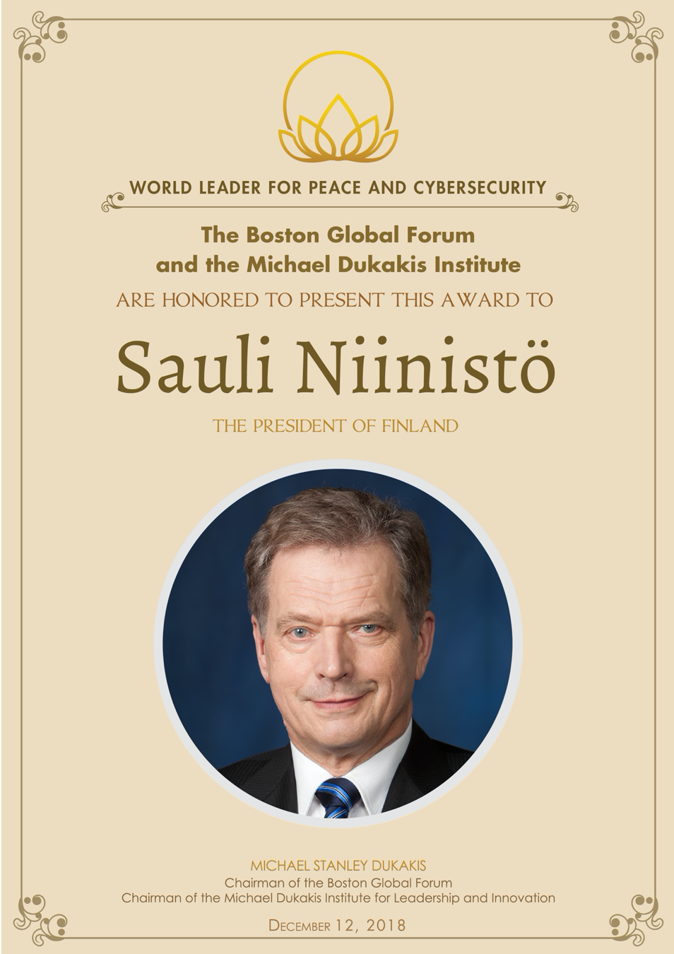 Finnish President and BGF World Leader for Peace and Security Award Recipient will join 46 leaders in Jerusalem